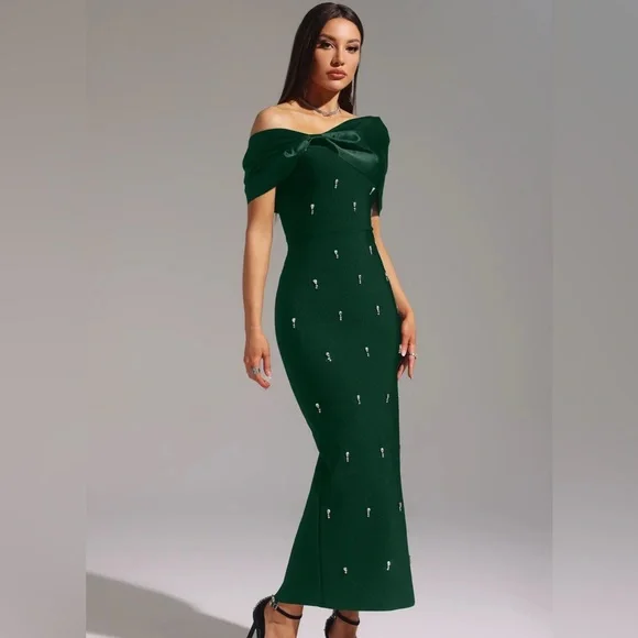 Bella Barnett Off Shoulder Bow Bandage Dress, Green, Size XL, NWT - Picture 2 of 3